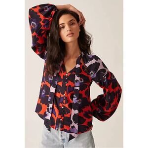 Maeve Anthropologie Silk Neck Tie Balloon Sleeve Button Front Blouse Red Floral
